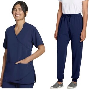 Jockey Performance Tech Scrub Set Navy Petal Wrap Top & Cargo Joggers XS